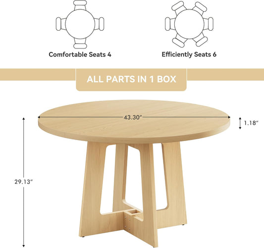Round Dining Table for 4, Farmhouse Kitchen Table, Wooden Circle Table, 300Lb Capacity & Easy Assembly for Home Dining Room Kitchen Living Room (Natural Oak)