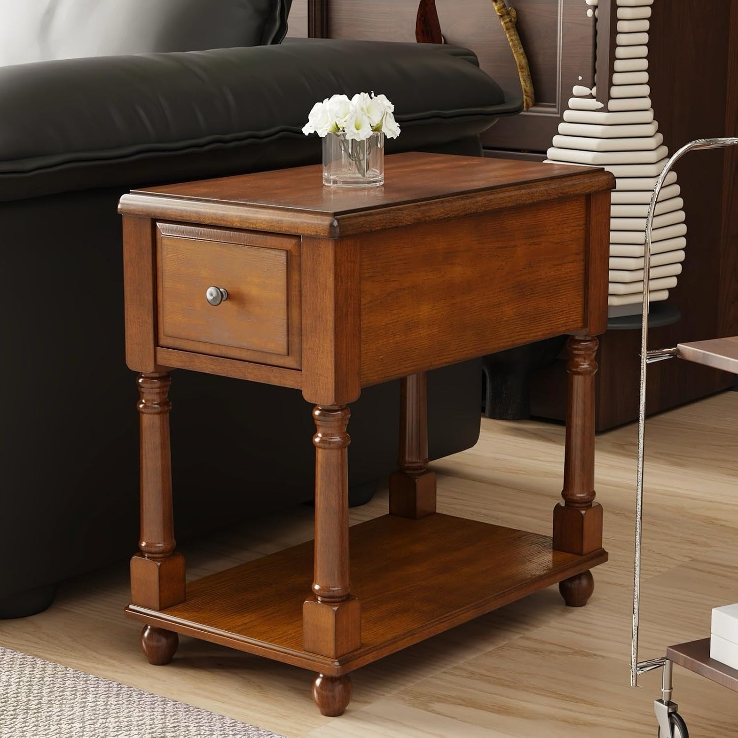 Narrow End Table with Drawer and Storage Shelf, Solid Wood Sofa Side Tables, Slim beside Table-, Telephone for Small Spaces, Living Room, 22"L X 13"W X 22.7"H No-Tools Assembly Caramel Brown BBJ004DR