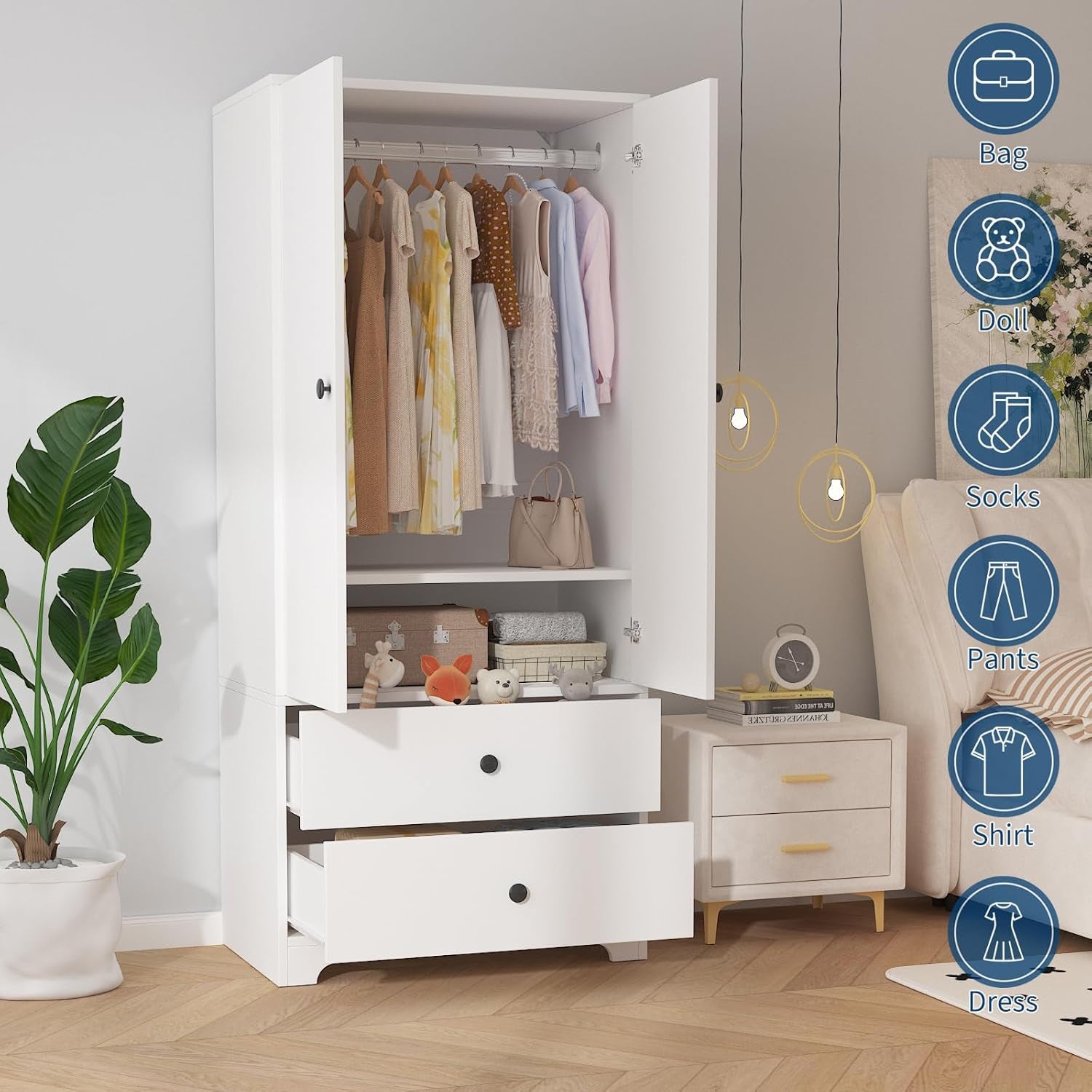 71" Armoire Wardrobe Closet, Modern Wooden Bedroom Armoire with 2 Drawers & 2 Doors and Adjustable Shelves，Clothing Storage Cabinet with Aluminum Hanging Rod, Locker