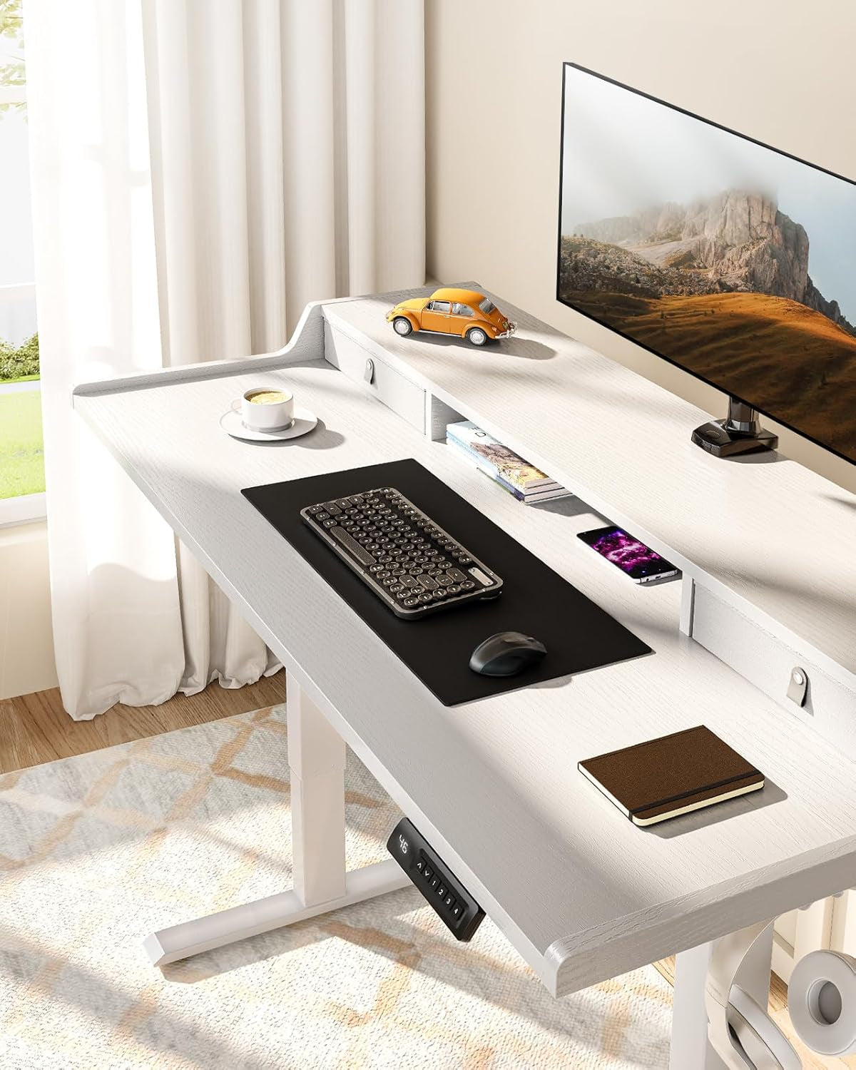 Electric Standing Desk with Drawers, 48″ X 24″ Gaming Table Compatible Monitor Stand, Stand up Desks, Home Office Height-Adjustable Desk with Storage Shelf, 4 Preset Heights, White