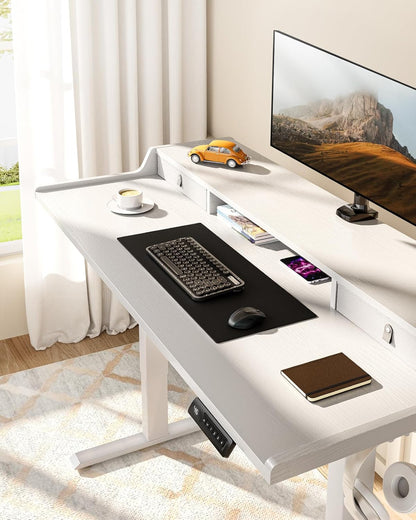Electric Standing Desk with Drawers, 48″ X 24″ Gaming Table Compatible Monitor Stand, Stand up Desks, Home Office Height-Adjustable Desk with Storage Shelf, 4 Preset Heights, White