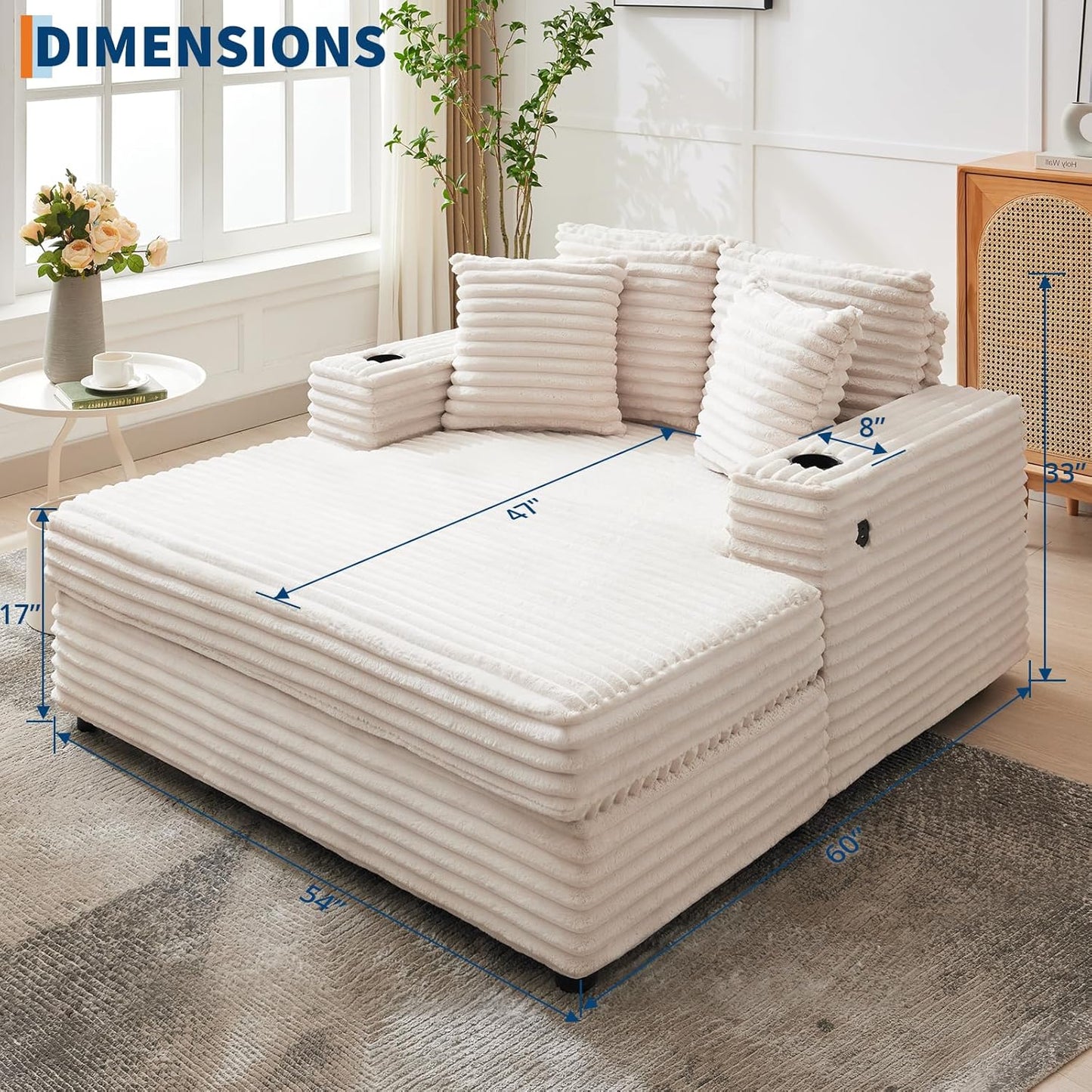 Oversized Chaise Lounge Chair Indoor, 60 Inch Upholstered Sofa Bed with Throw Pillows and Armrests, Comfy Corduroy Sleeper Couch for Living Room, Bedroom, Office, Beige