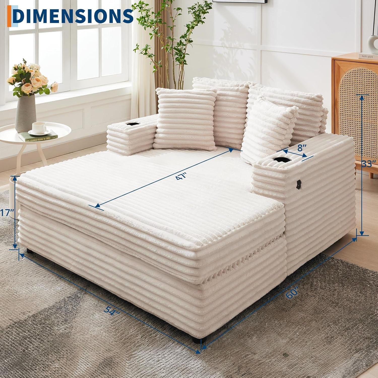 Oversized Chaise Lounge Chair Indoor, 60 Inch Upholstered Sofa Bed with Throw Pillows and Armrests, Comfy Corduroy Sleeper Couch for Living Room, Bedroom, Office, Beige