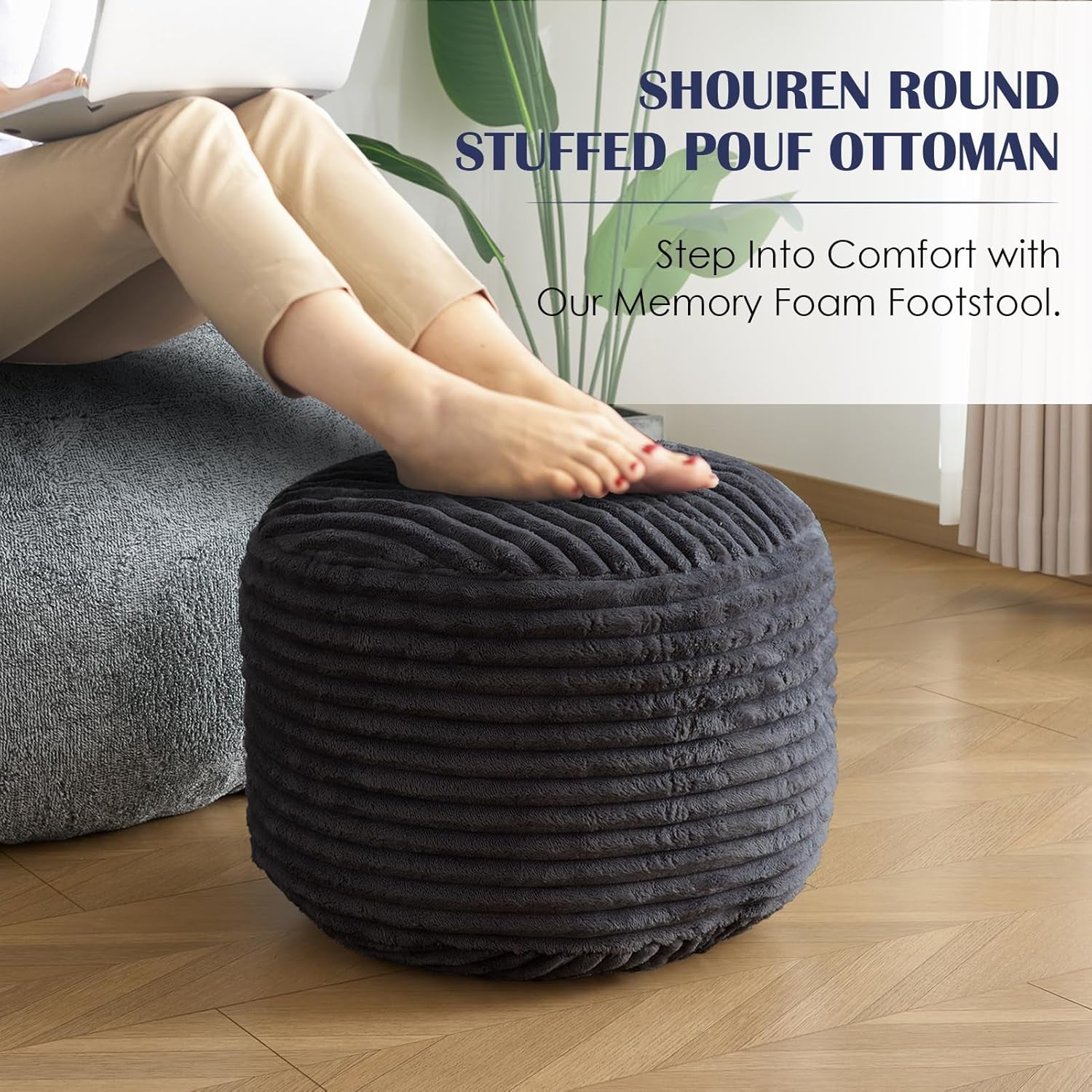 Stuffed round Pouf Ottoman,Corduroy Foot Rest with Shredded Foam Filling, Lightweight and Fluffy Pouf Storage Ottoman for Living Room,Floor Poufs for Couch,20"X 17",Dark Grey