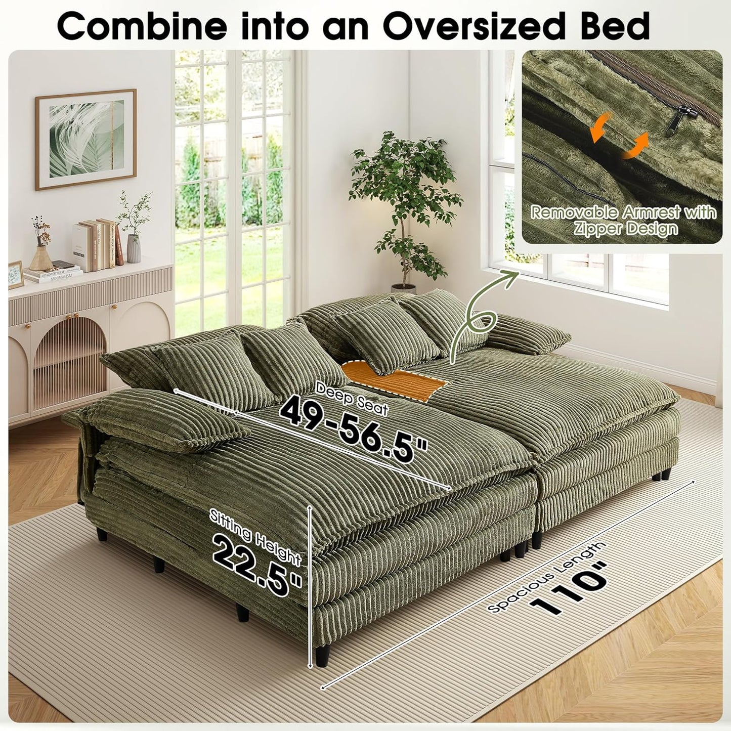 54.8" W Oversized Chaise Lounge Chair Indoor with 5-Position Adjustable Backrest, Corduroy Sleeper Sofa Bed with 3 Pillows, Modern Cloud Couch Chair for Living Room, Bedroom, Green