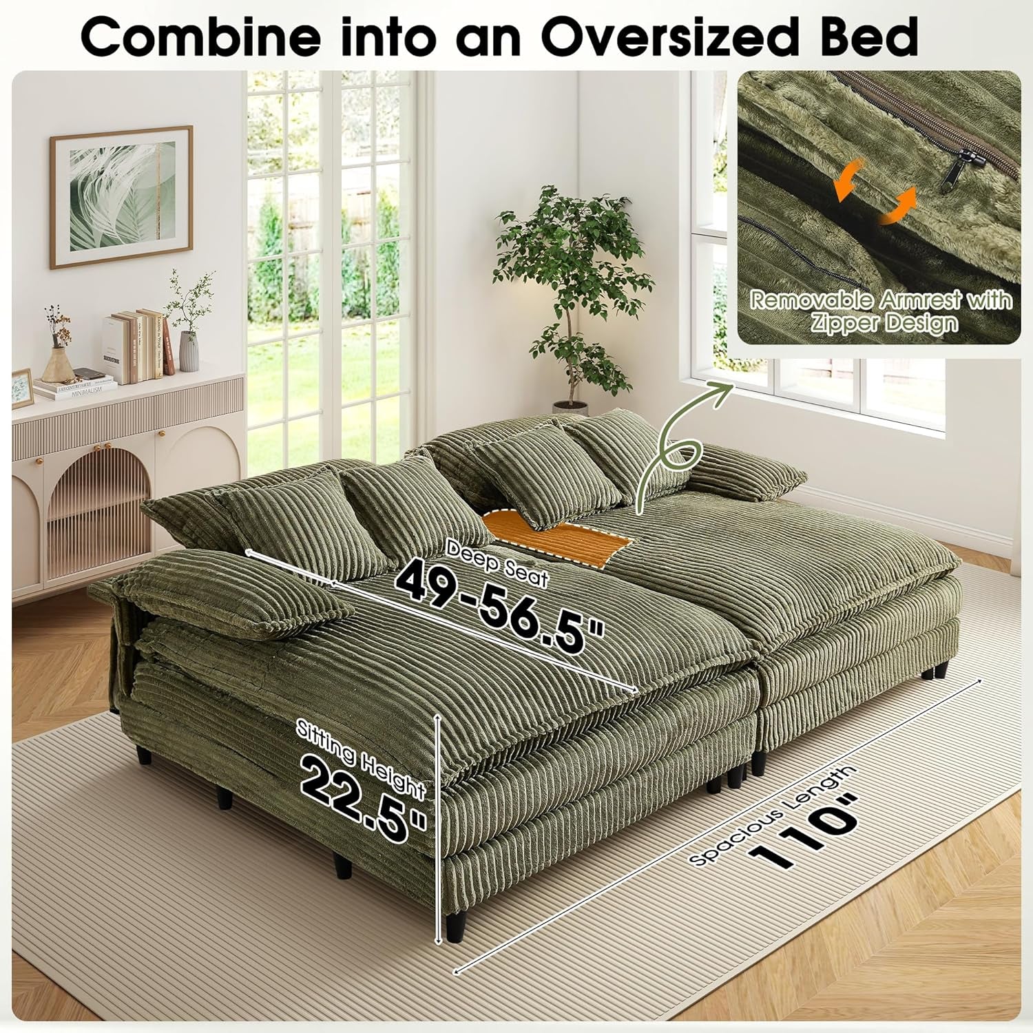 54.8" W Oversized Chaise Lounge Chair Indoor with 5-Position Adjustable Backrest, Corduroy Sleeper Sofa Bed with 3 Pillows, Modern Cloud Couch Chair for Living Room, Bedroom, Green