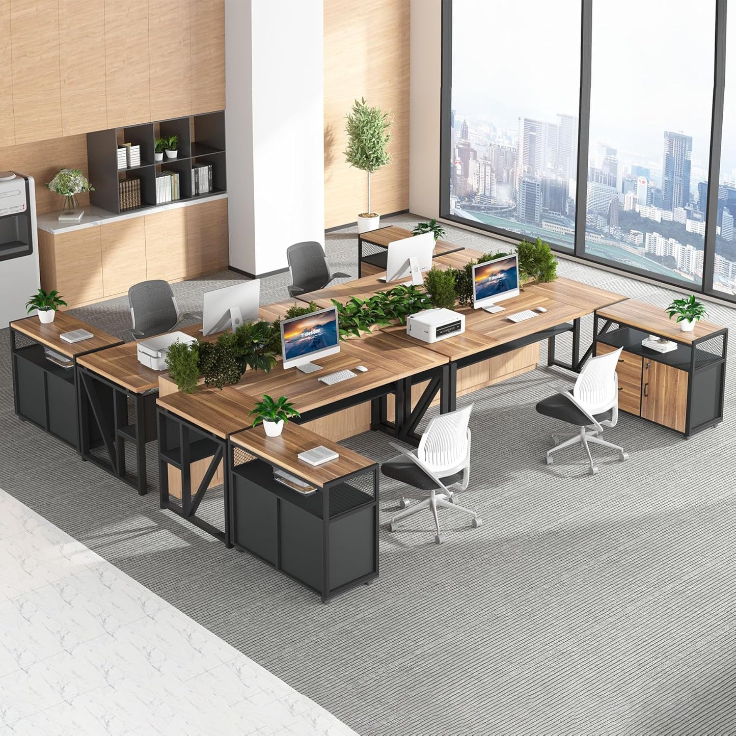 63" Executive with Drawer Cabinet, L Shaped Desk and Lock Lateral File Cabinet, 2 Piece Home Office Furniture Set with Drawers for Hanging File, (Brown, 63 Inches)