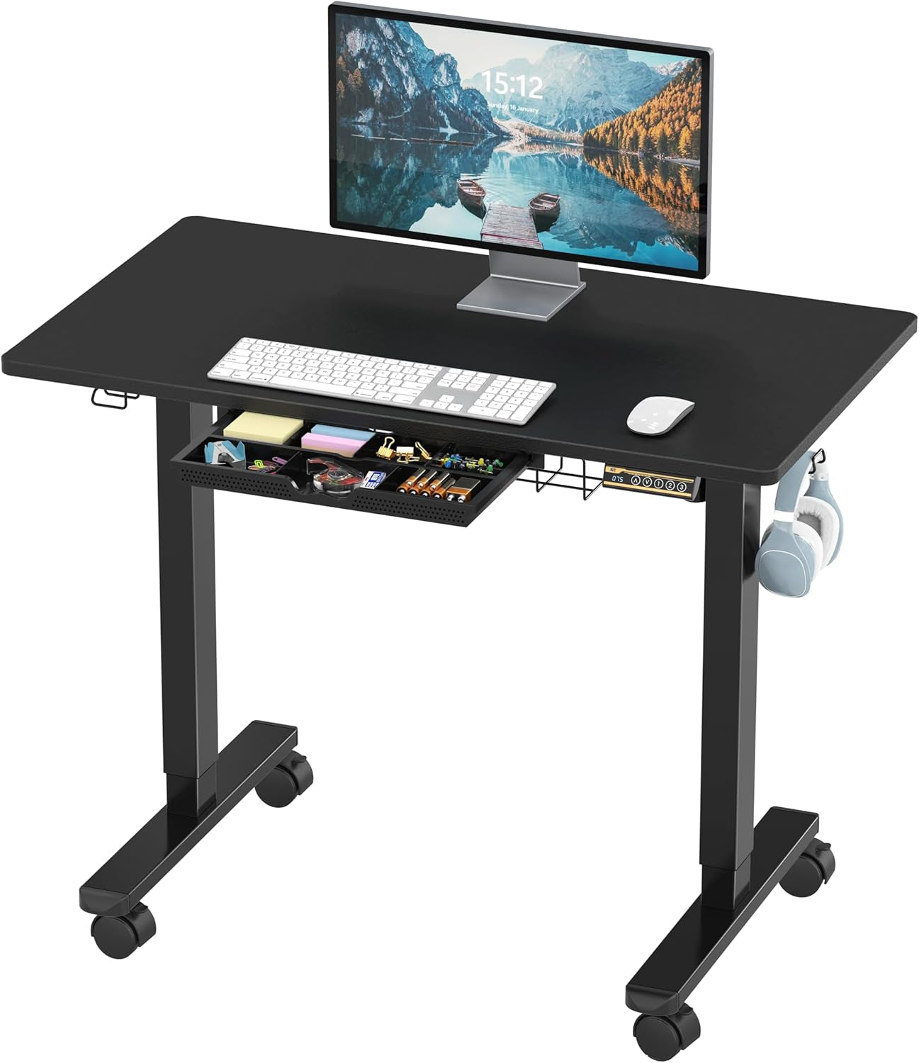 40-Inch Mobile Electric Height Adjustable Sit to Stand Desk with Drawer, Hanging Hooks and Cable Management, Black