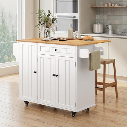 Kitchen Island with Storage, Island Table for Kitchen with Drop Leaf, 5 Wheels, Interal Storage Rack, a Drawer, Spicy Rack and Towel Bar, Sufficient Countertop Space and Storage, White