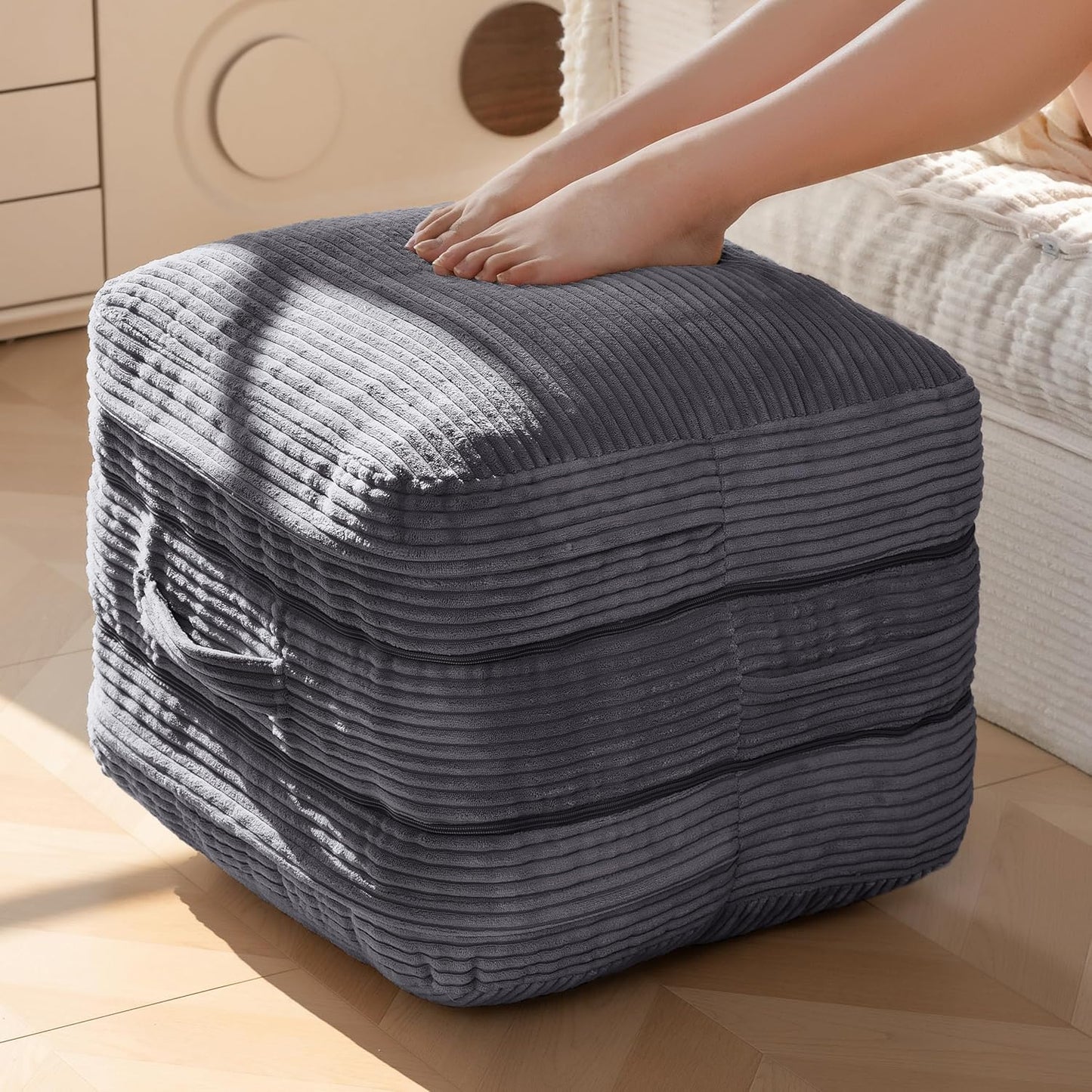 Pouf Ottoman Stuffed Square Modern Foam Filled Foot Rest Poufs 20 X 18 Inches Modular Ottomans Separated into Floor Cushions for Living Room Chair Decorative Stool, Dark Grey