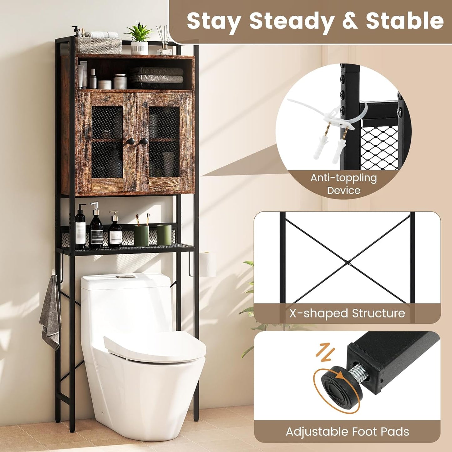 over the Toilet Storage Cabinet, 5-Tier Freestanding Space Saver W/Metal Stand, Mesh Grid Doors, Toilet Paper Holder & Hook, over Toilet Bathroom Organizer for Laundry Room, Restroom