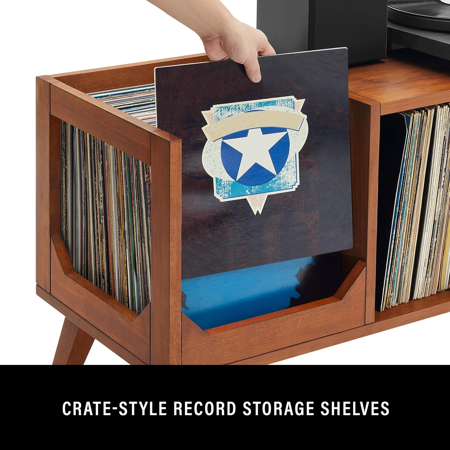 Asheville Mid-Century Modern Media Console Record Player Stand, Storage for Vinyl Records, Walnut