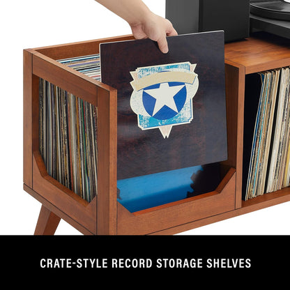 Asheville Mid-Century Modern Media Console Record Player Stand, Storage for Vinyl Records, Walnut