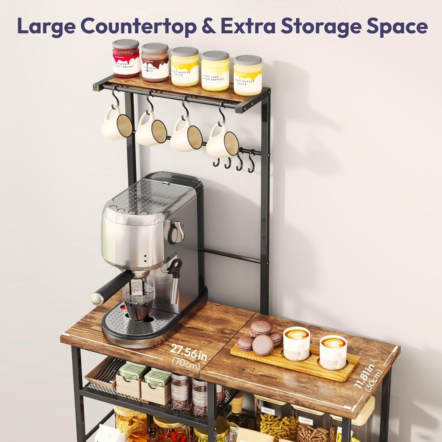 Bakers Rack with Storage - Coffee Bar Cabinet Organizer with 8 Hooks, Shelves & Cabinet Door, Coffee Station for Kitchen Dining Room, Microwave Stand with Adjustable Feet, Espresso