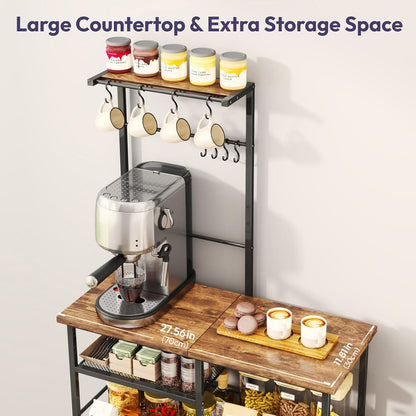 Bakers Rack with Storage - Coffee Bar Cabinet Organizer with 8 Hooks, Shelves & Cabinet Door, Coffee Station for Kitchen Dining Room, Microwave Stand with Adjustable Feet, Espresso