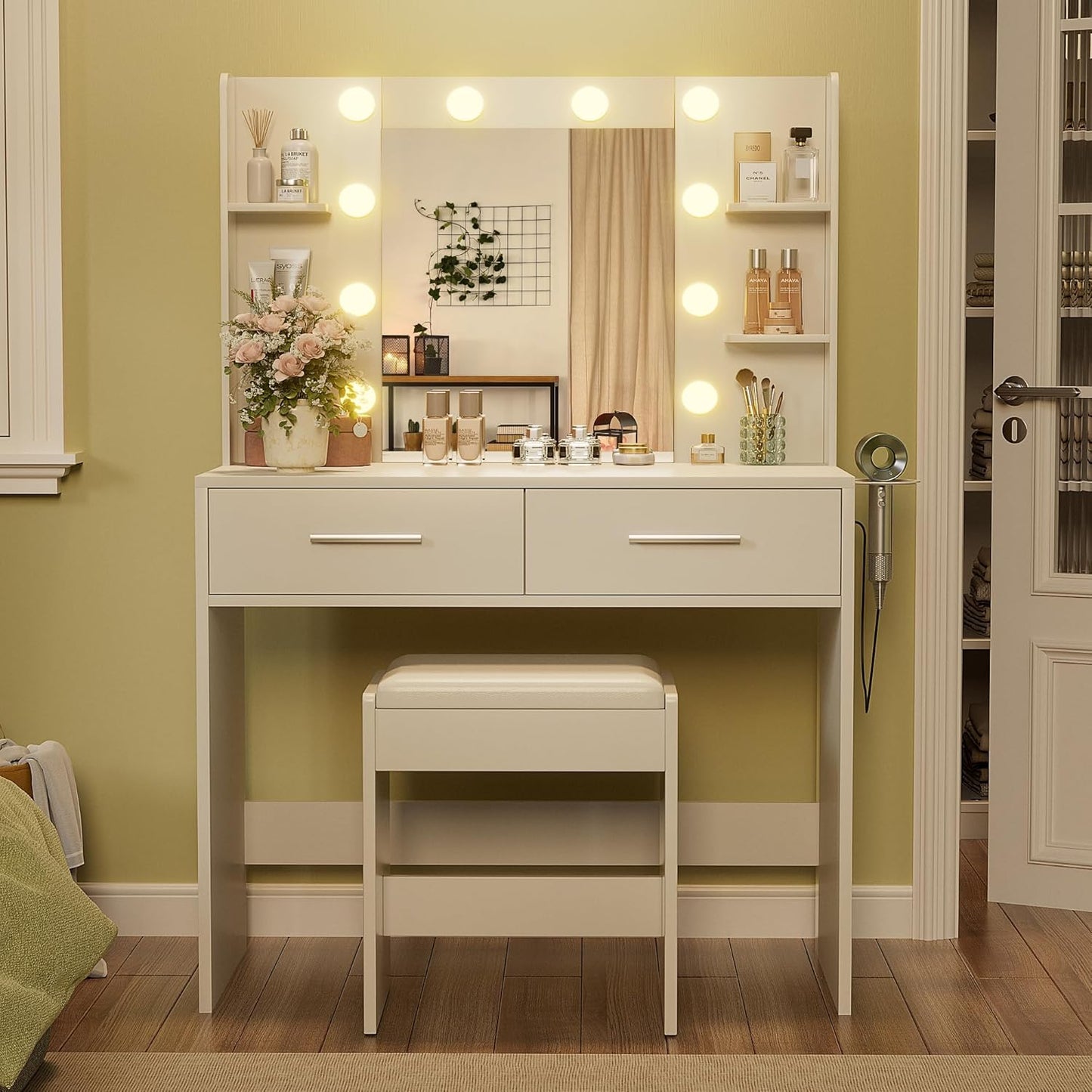 Vanity Desk with Mirror, Makeup Table with 2 Large Drawers, Power Outlet and round Holder, 3 Color Modes Adjustable Bulb, Bench Included, White