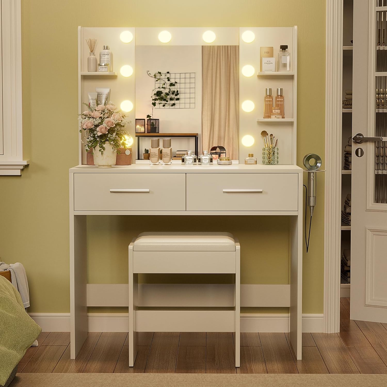 Vanity Desk with Mirror, Makeup Table with 2 Large Drawers, Power Outlet and round Holder, 3 Color Modes Adjustable Bulb, Bench Included, White