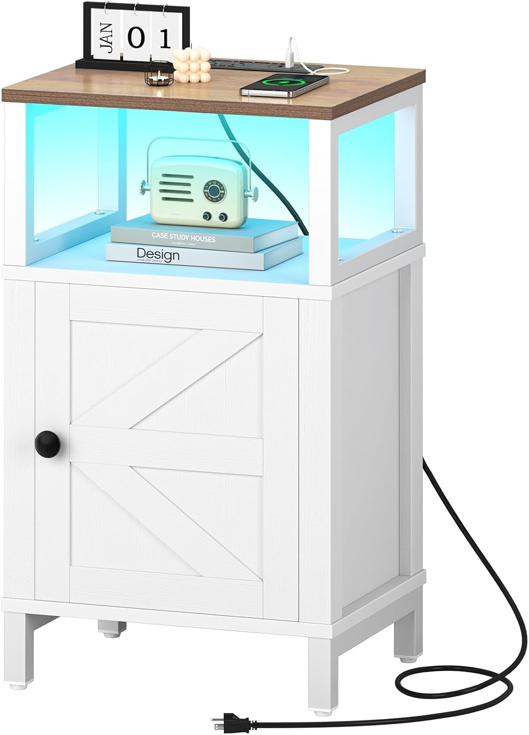 Farmhouse Nightstand with Charging Station, Wood Night Stand End with USB Ports, LED Bed Side Table with Storage Cabinet, Bedside Table for Bedroom, Living Room White
