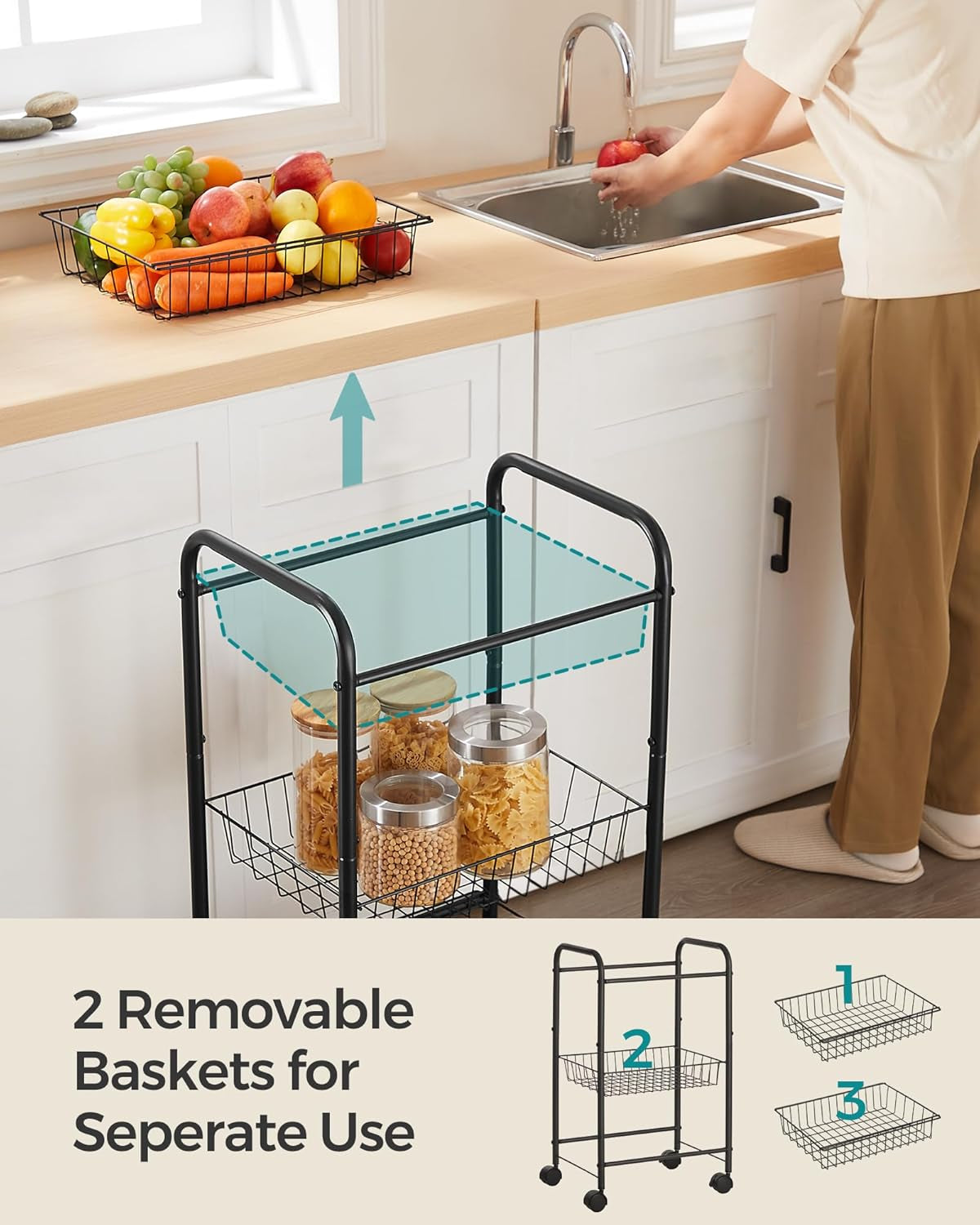 3-Tier Metal Rolling Cart on Wheels with Baskets, Lockable Utility Trolley with Handles for Kitchen Bathroom Closet, Storage with Removable Shelves, Black UBSC03BK