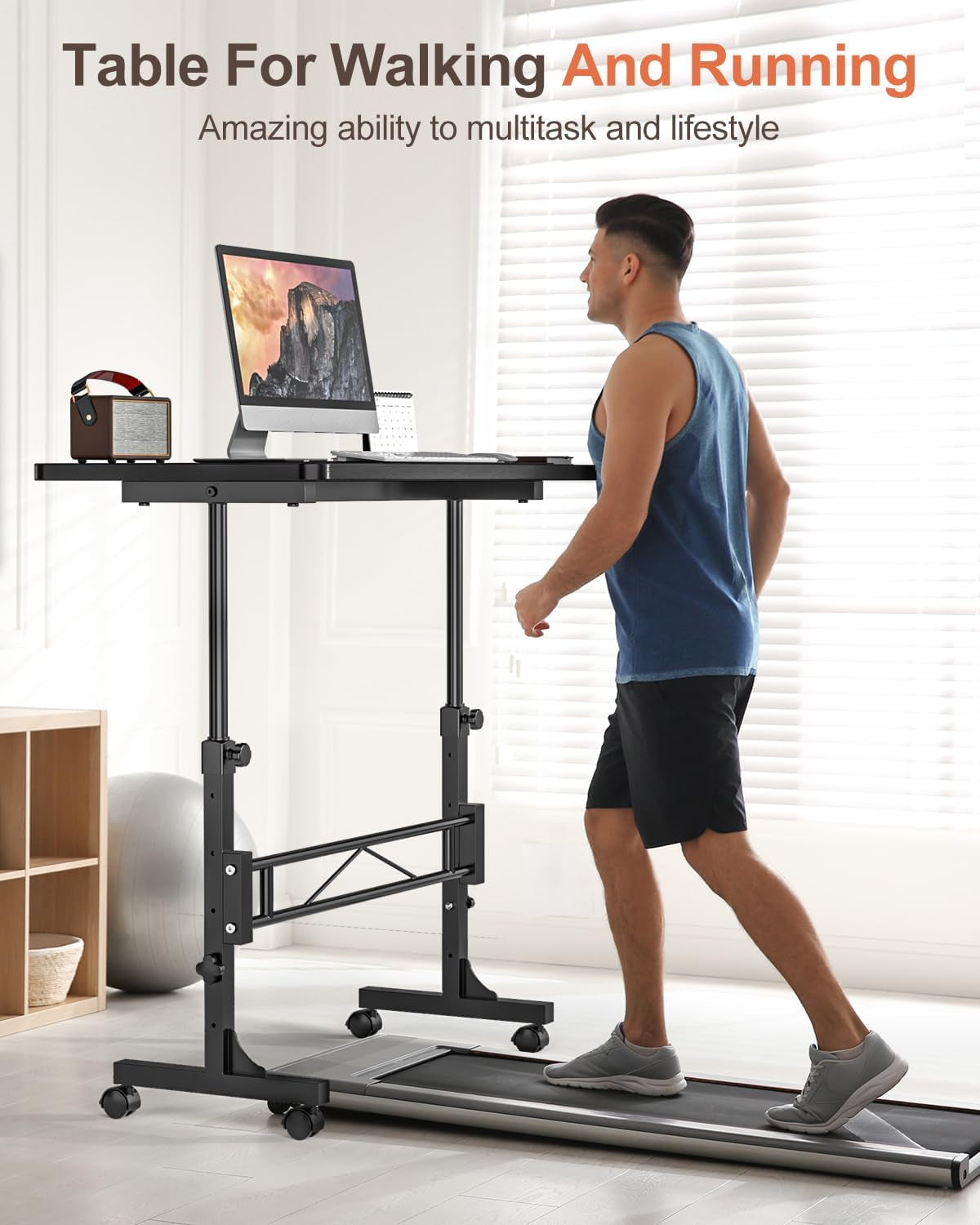 Small Standing Desk Adjustable Height, Mobile Stand up Desk with Wheels, 32 Inch Portable Rolling Desks for Walking Pad Treadmill Black