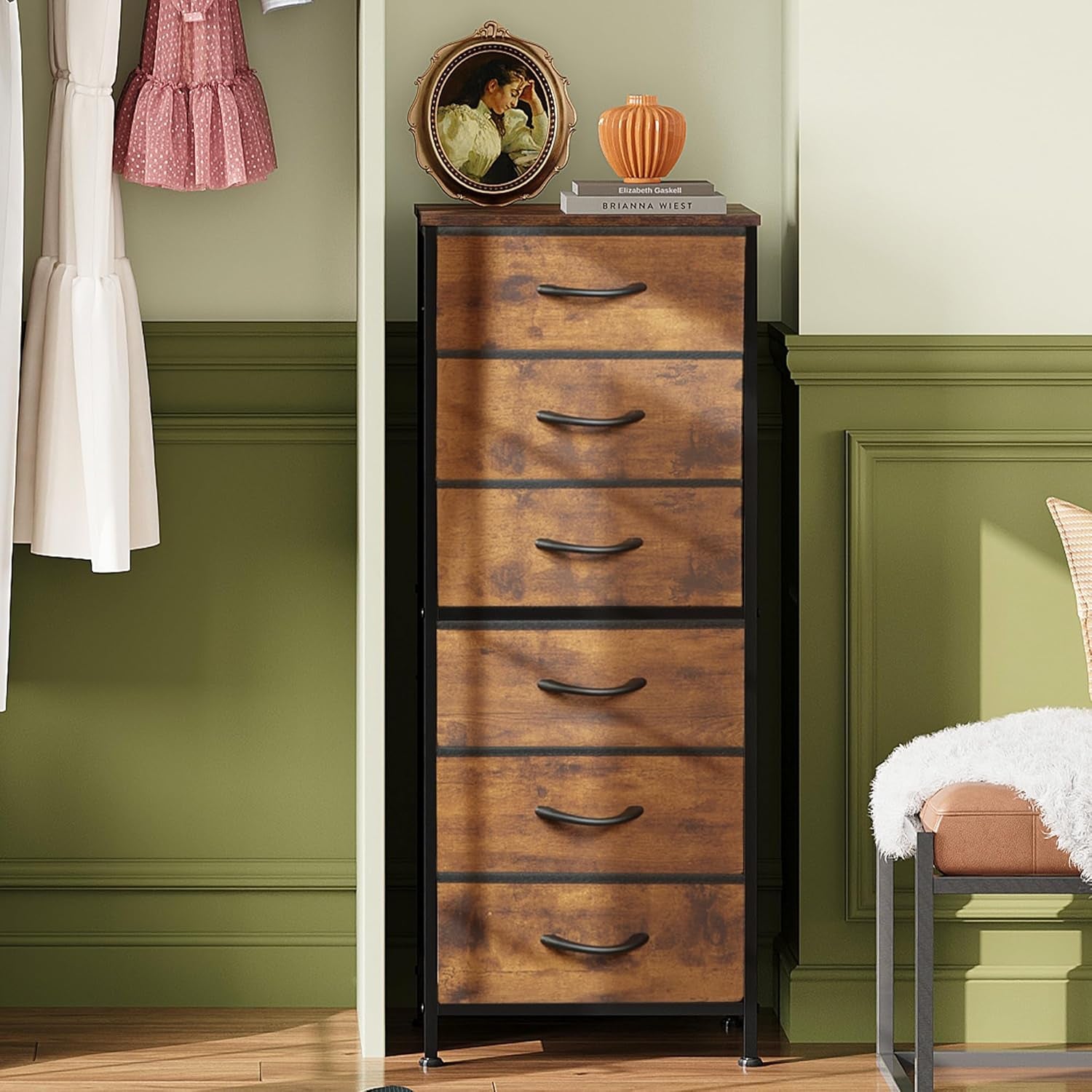 Tall Dresser for Bedroom, 6 Drawer Dressers & Chests of Drawers, Fabric Dresser for Closet, Night Stand with Metal Frame, Storage Tower with Fabric Bins, Wood Top, Rustic Brown Wood Grain Print