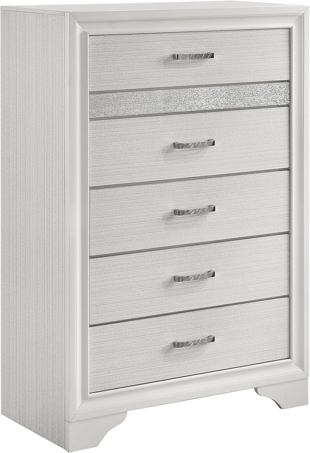 Home Furnishings Miranda Contemporary 5-Piece Bedroom Set Fabric Upholstered Eastern King Size Panel Bed Frame 54-Inch Headboard White 205110KE-S5