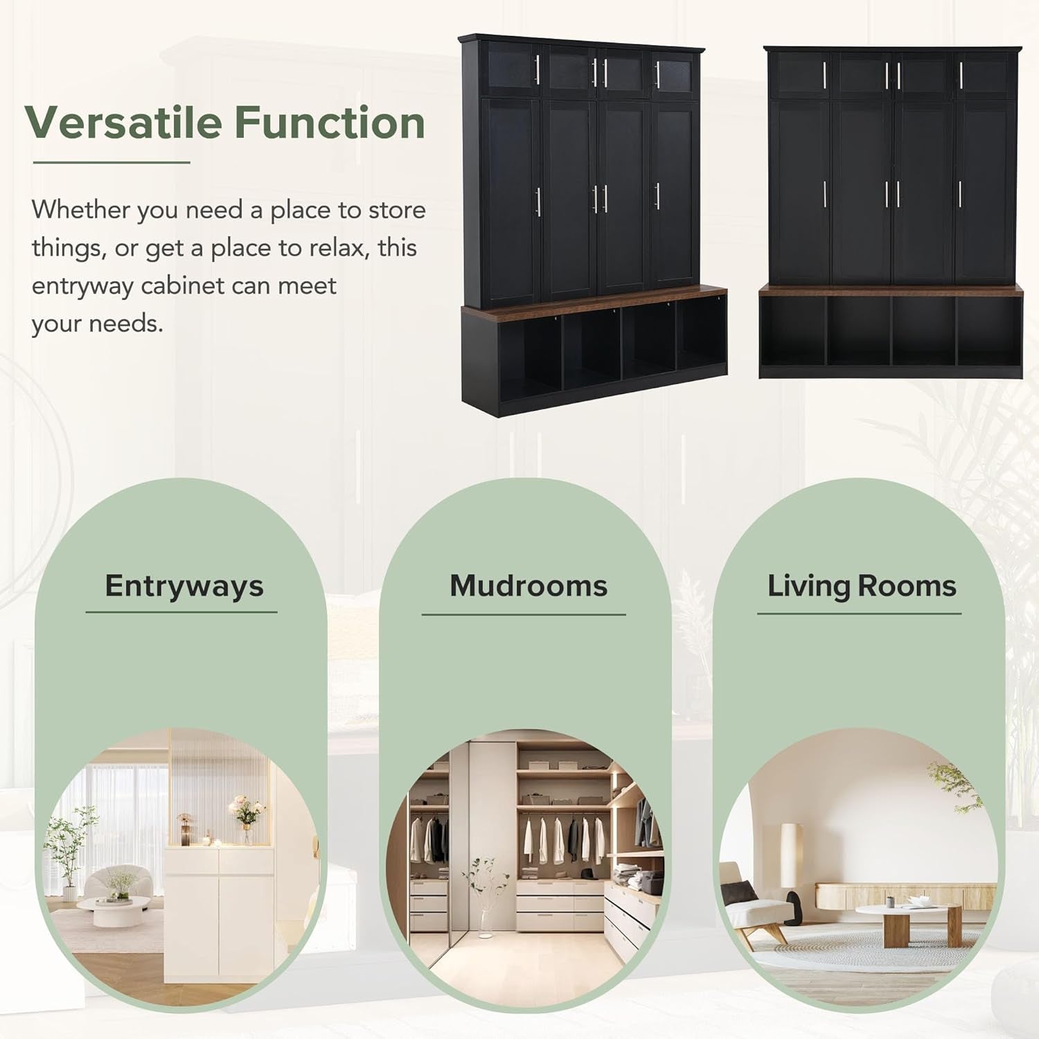 Hall Tree with Bench and Shoe Storage Compartments, Particle Board Multi-Functional Entryway Cabinet with 4 Hanging Hooks, Black