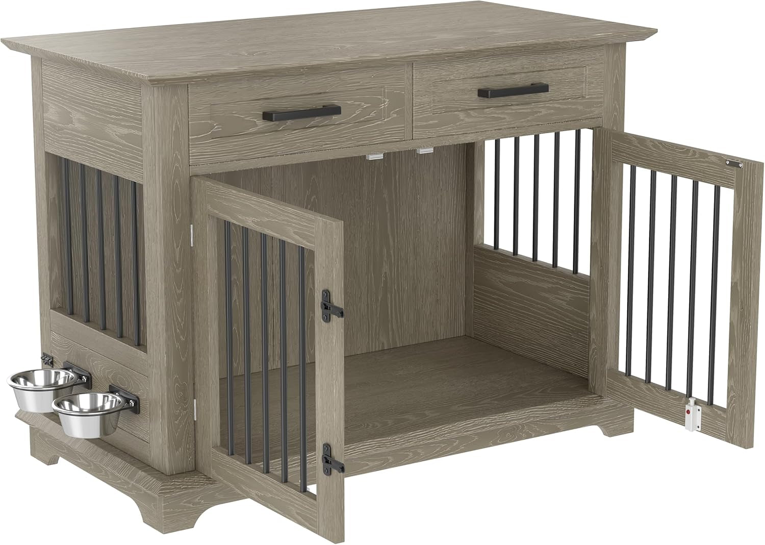 44.48" Large Dog Crate, 3-In-1 Wooden Dogs Crate End Table TV Stand Furniture with 2 Storage Drawers and Rotating Bowls, Decorative Pet House Dog Crates for Small/Medium Dogs, Gray