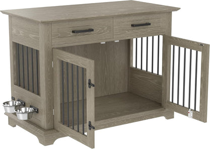 44.48" Large Dog Crate, 3-In-1 Wooden Dogs Crate End Table TV Stand Furniture with 2 Storage Drawers and Rotating Bowls, Decorative Pet House Dog Crates for Small/Medium Dogs, Gray