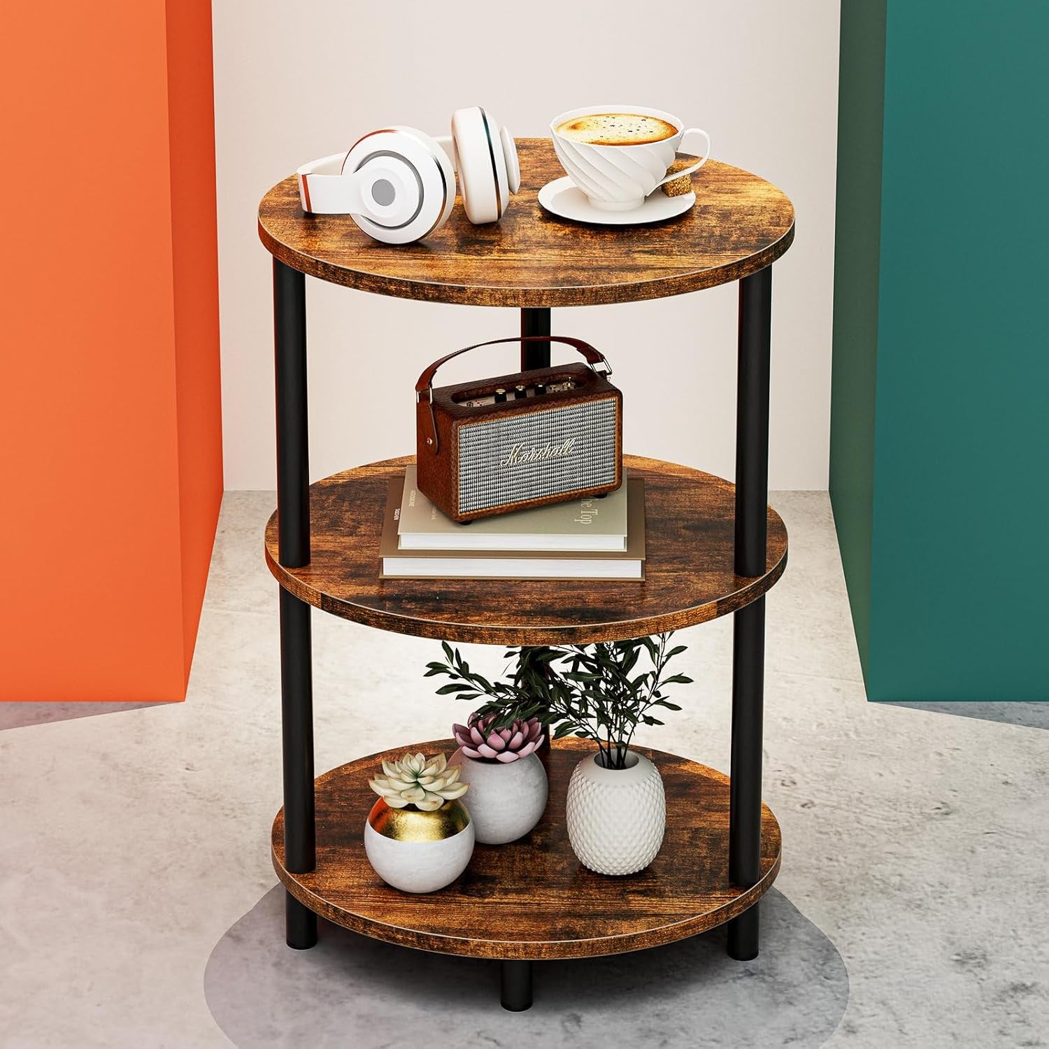 Small round Side Table - 3-Tier Oval Accent Table for Small Spaces, Rustic Wood and Metal Couch End Table, Nightstand for Bedroom or End Table Living Room, Easy to Assemble, Rustic Brown