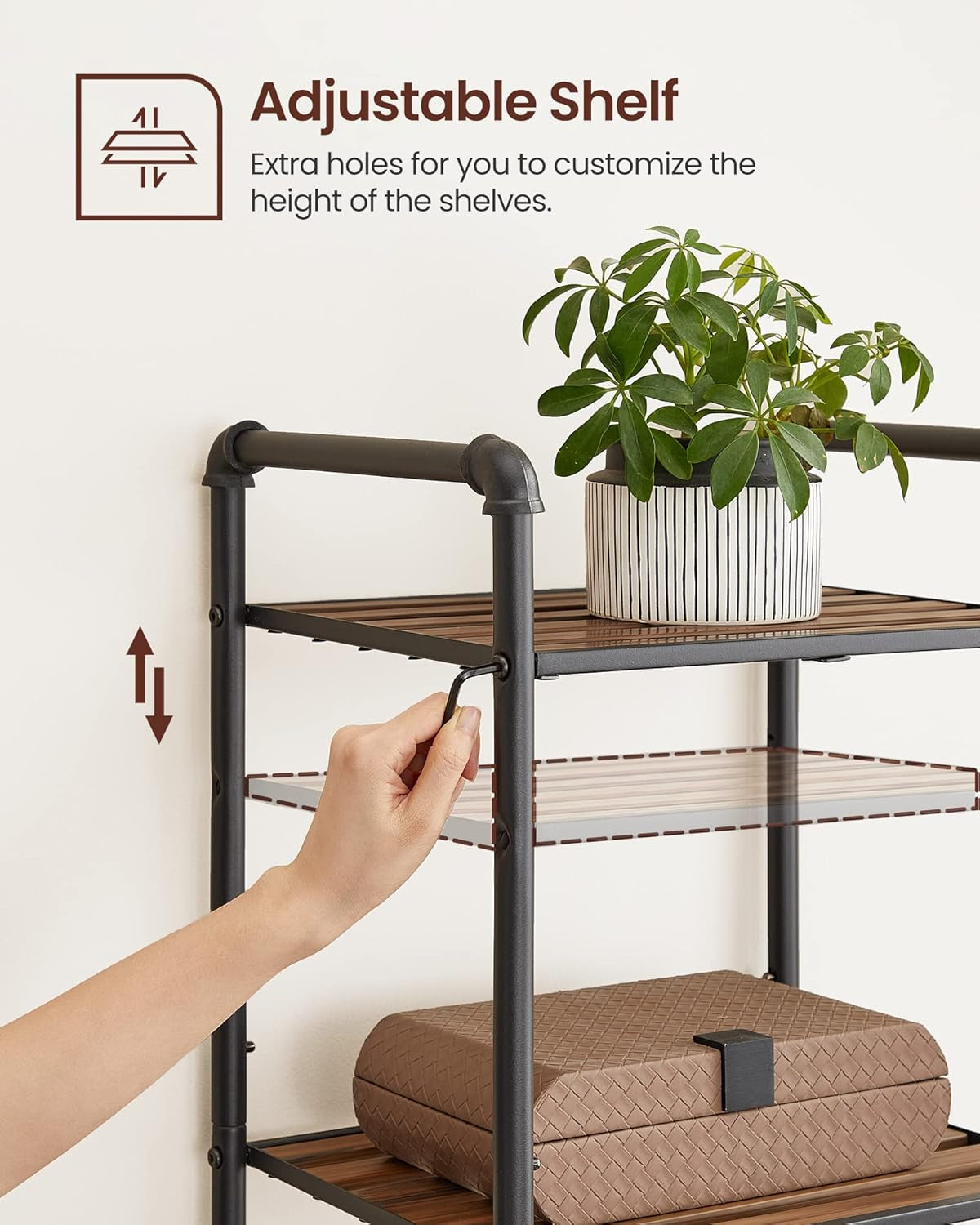 Bathroom Shelves, 5-Tier Storage Rack, Plant Flower Stand, 15.6 X 12.2 X 51 Inches, for Living Room, Balcony, Kitchen, Rustic Brown and Black UBSC25BXV2