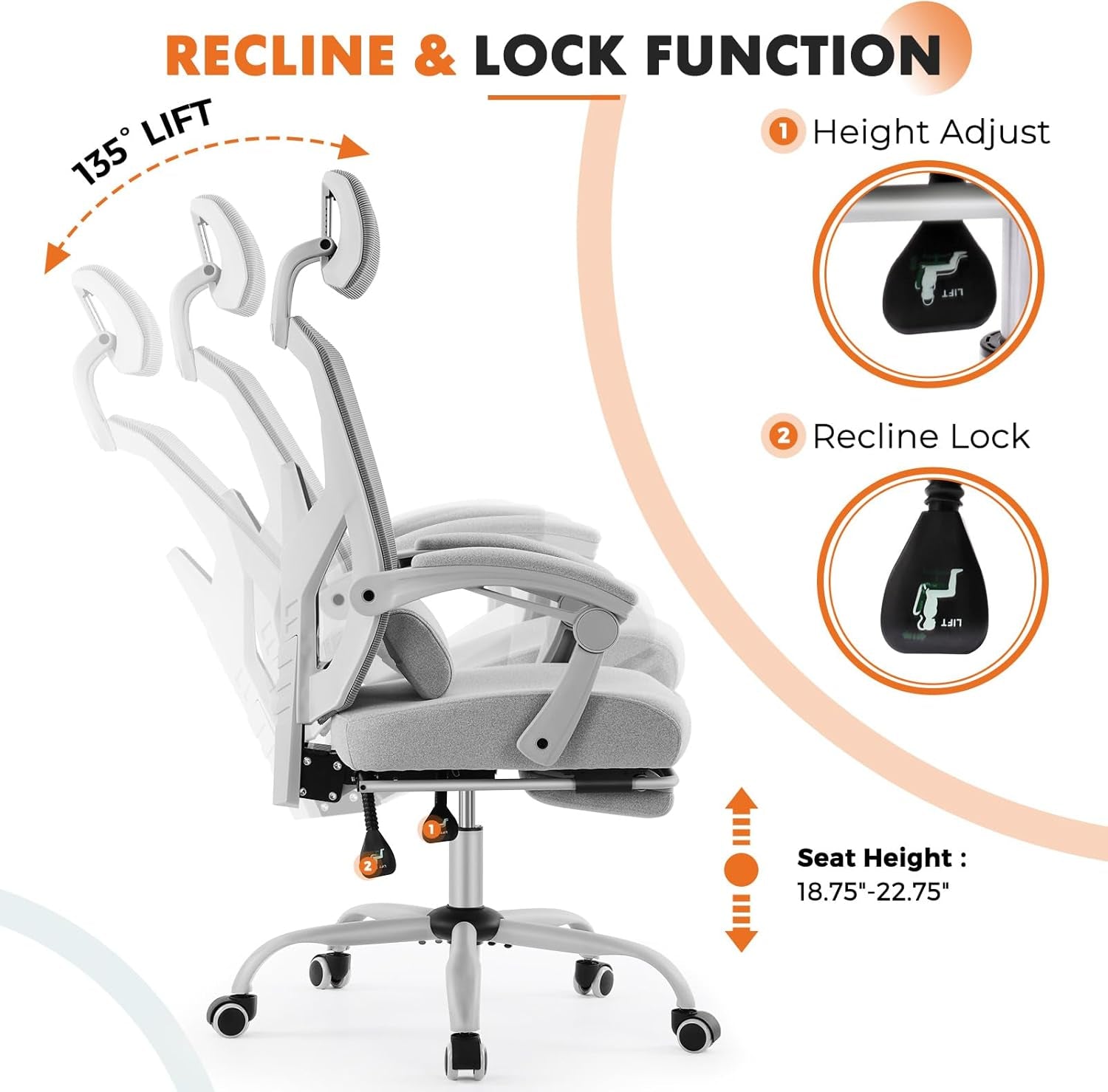 Office Computer Desk Chair with Footrest,Ergonomic High-Back Mesh Rolling Work Swivel Chairs with Wheels,Comfortable Lumbar Support,Comfy Arms for Home,Bedroom,Study,Student,Light Grey