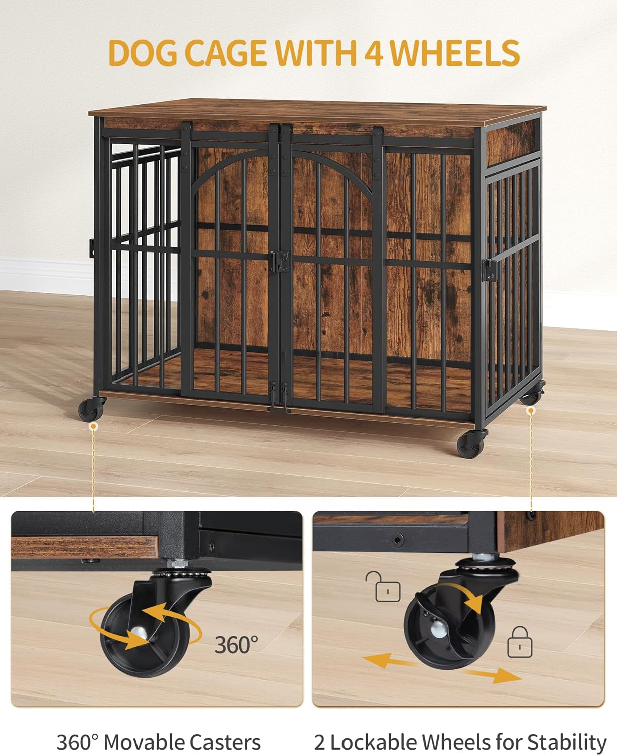 37.4" Dog Crate Furniture with Wheels, Wooden Pet Cage Indoor with Barn Door, L Dog Kennel Heavy Duty, Decorative Pet Crate for Small/Medium Dogs, End Table TV Stand, Rustic Brown DFC86201B