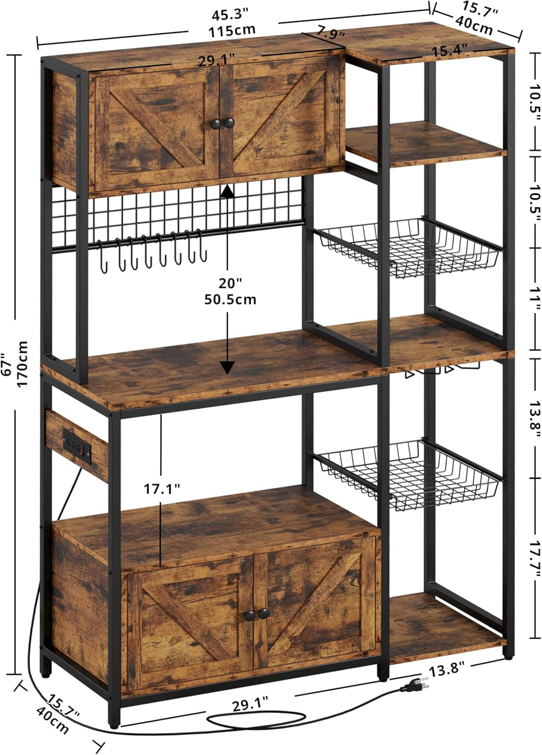 Bakers Rack with 2 Storage Cabinets and Power Outlet, 45.3 Inch Industrial Coffee Bar Cabinet Shelves, Kitchen Microwave Stand with Storage, Vintage Brown