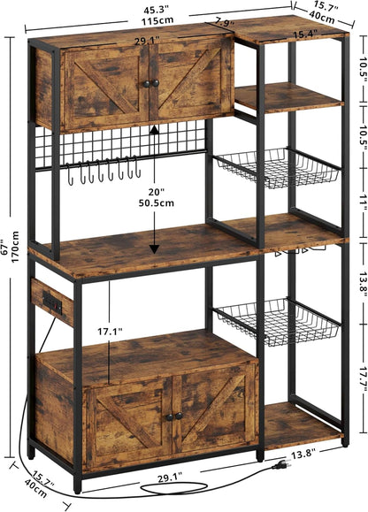 Bakers Rack with 2 Storage Cabinets and Power Outlet, 45.3 Inch Industrial Coffee Bar Cabinet Shelves, Kitchen Microwave Stand with Storage, Vintage Brown