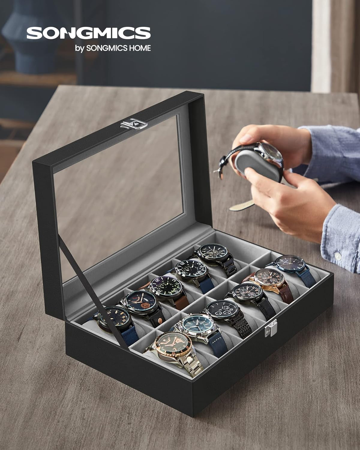 Watch Box Bundle, 12-Slot Watch Case with Glass Lid, Watch Holder with Removable Watch Pillow, Velvet Lining, Metal Clasp, Watch Display, Black UJWB12BK and UJWB012B01