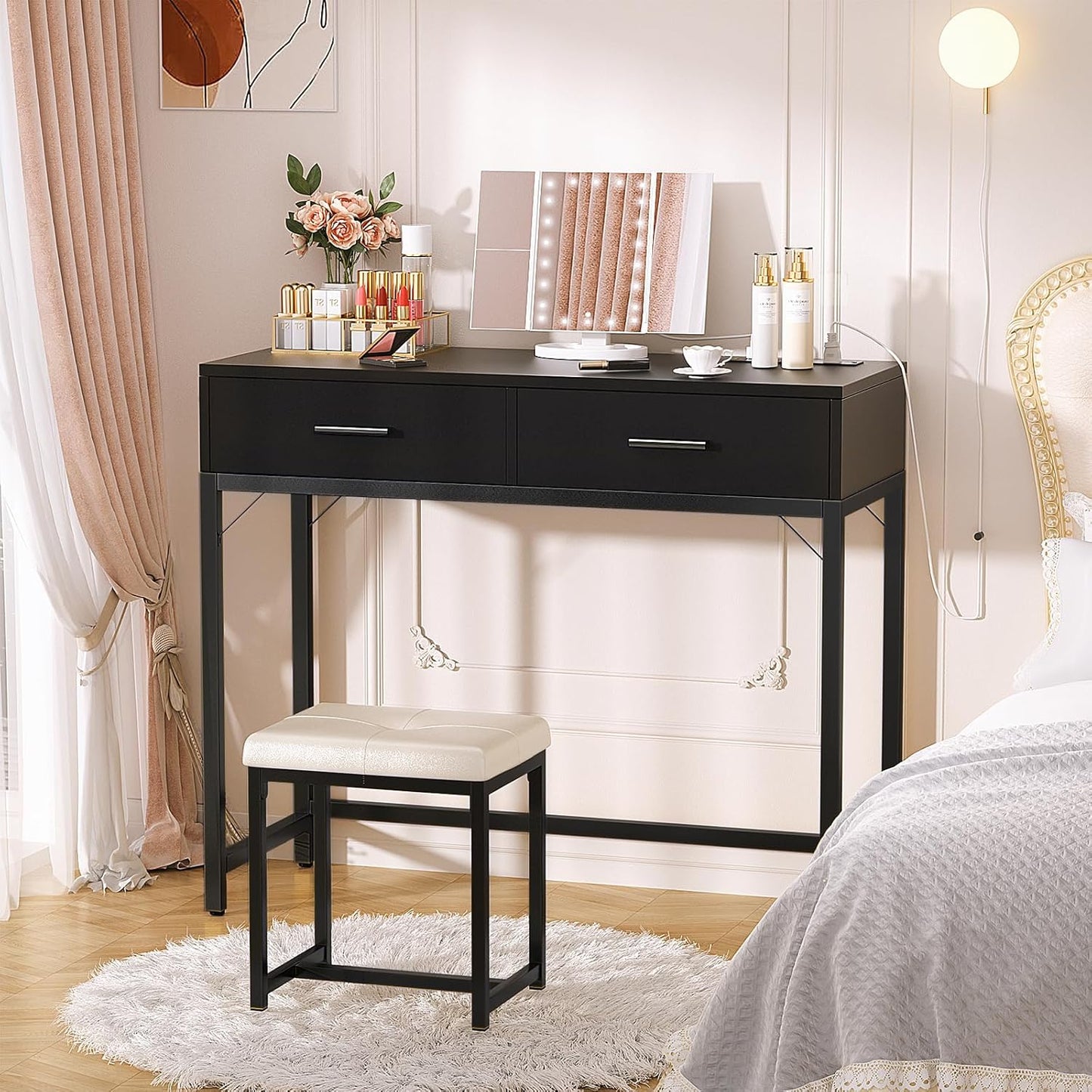 Vanity Desk, Vanity Desk with Mirror and Light, Small Vanitys Set with Drawers, Makeup Desk with Power Outlets, 36'' Makeup Vanitys with Stool, Dressing Table, Black