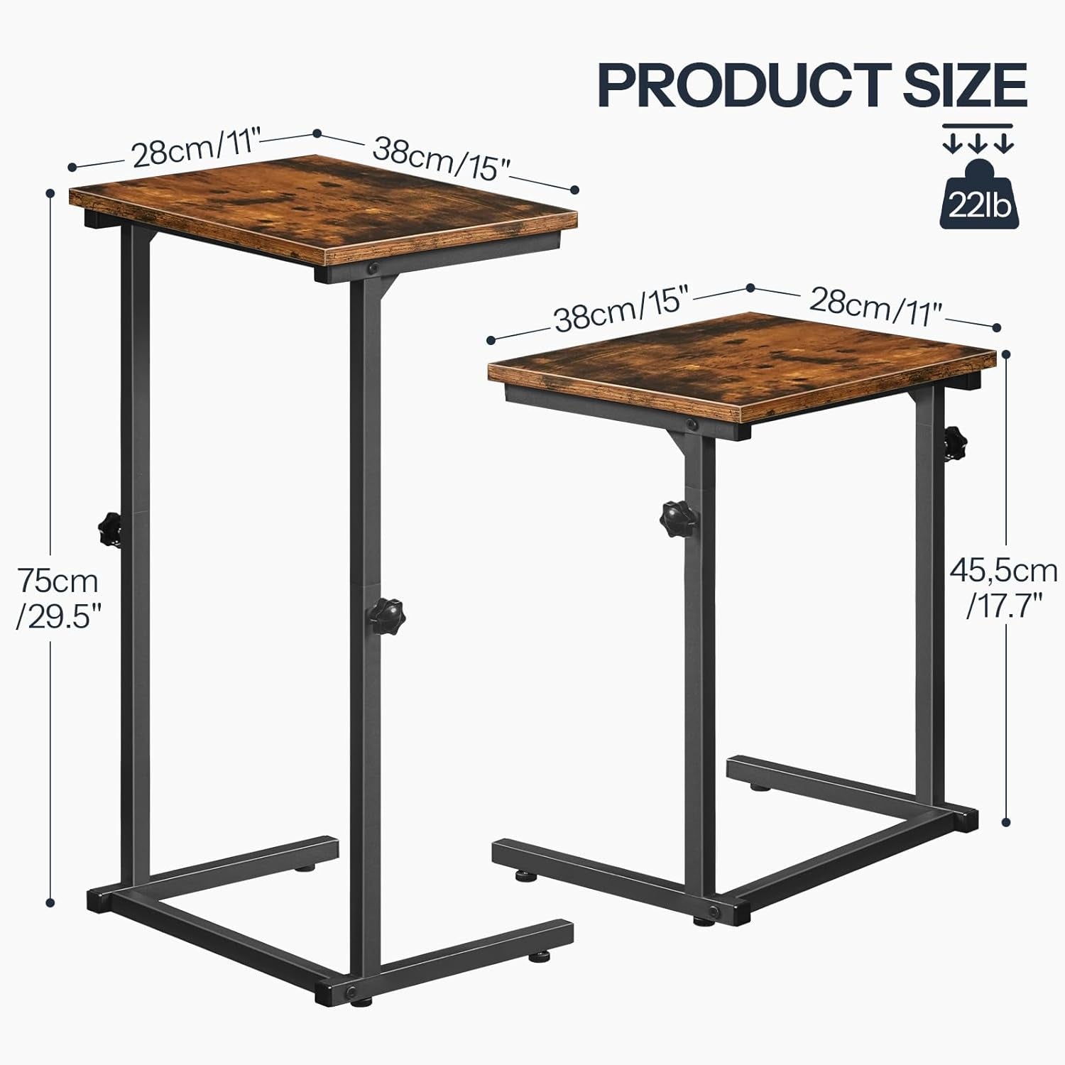 C Shaped End Table, Adjustable Height Side Table for Sofa, Couch Table for Small Space, Slide under Small Tray Side Table for Living Room, Bedroom, Rustic Brown and Black BF71SF01