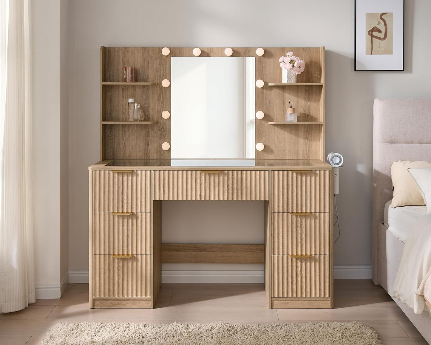47.2" Fluted Vanity Desk with Mirror and Adjustable LED Lights, Large 7 Drawers Makeup Table with Glass Top and Charging Station for Women and Girls, Bedroom or Dorm, Natural Oak