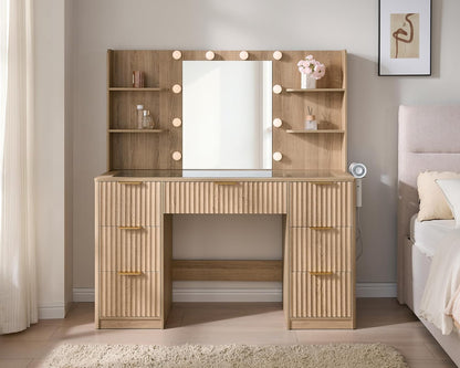 47.2" Fluted Vanity Desk with Mirror and Adjustable LED Lights, Large 7 Drawers Makeup Vanity Table with Glass Top and Charging Station for Women and Girls, Bedroom or Dorm, Natural Oak
