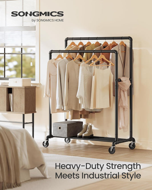 Cabideiro, Suporte Para Roupas, Arara Com 2 Trilhos De 100 Cm, Estrutura De Metal, Com Rodas E Prateleira De Armazenamento, 2 Rodízios Com Freio, Suporta Até 90 Kg, Preto BRHSR60BV1