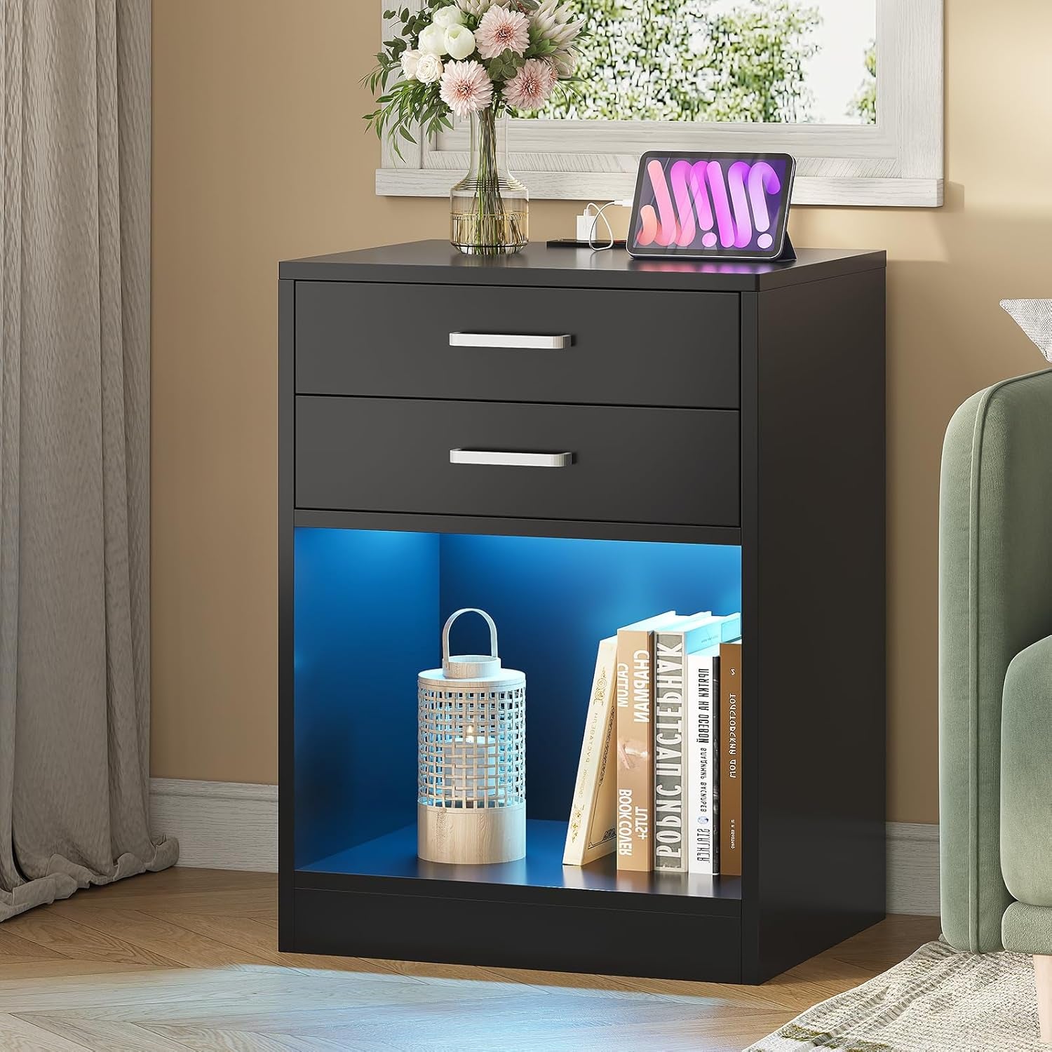 LED Nightstands Set of 2,Night Stands for Bedrooms Set of 2,Nightstand with Charging Station and LED Lights,Black Bedside Table with Power Outlets & Drawers,Modern End Side Table