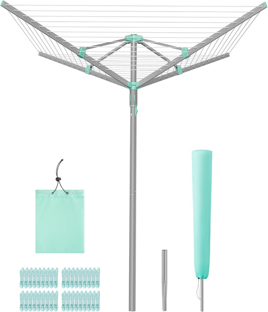 Umbrella Clothesline, Rotary Washing Line, Foldable Heavy-Duty Outdoor Clothes Drying Rack with Clips, Cover, Ground Anchor, 164 Ft (50 M) Long for 5 Loads of Laundry, Silver ULLR307EZ01