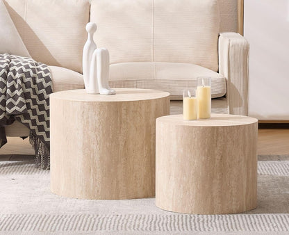 round Wood Nesting Coffee Table Set of 2, Modern Circle Travertine End Side Table Sets for Living Room, Light Wooden Color/No Assembling