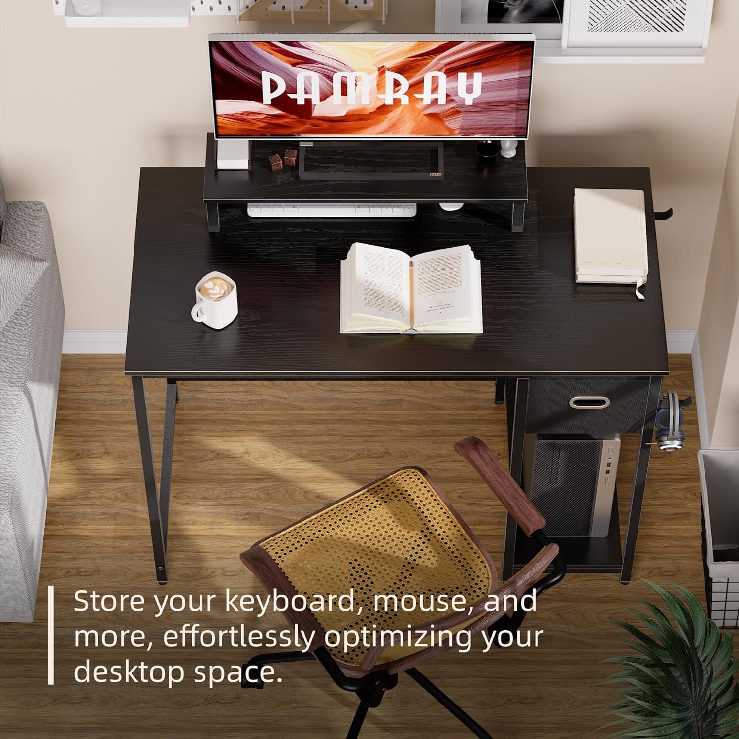 39 Inch Computer Desk with Monitor Stand Small Home Office Desks with Non-Woven Storage Drawer for Bedroom Study Table Writing and Work Desk Black