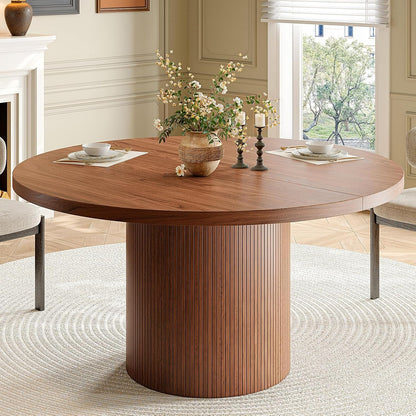 47 Inch round Dining Table for 4, Circle Kitchen Table with Wood Strip Base, Modern Farmhouse Dinner Tables for Kitchen, Living Room (Walnut)
