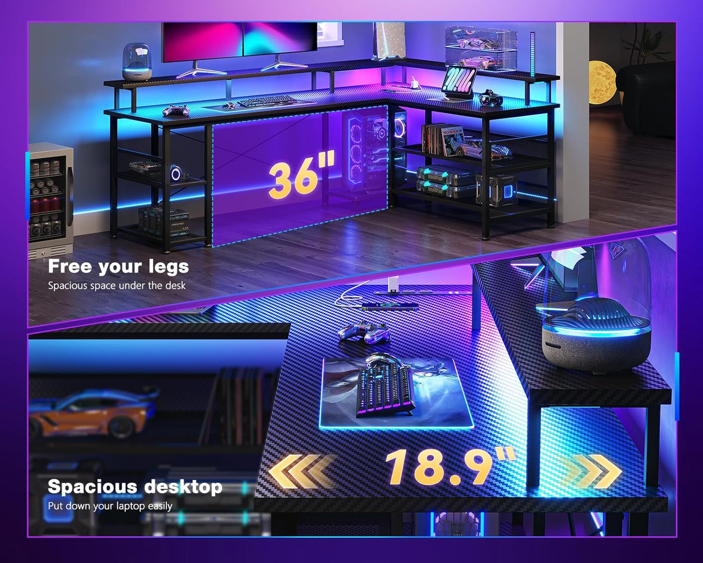 66" L Shaped Gaming Desk with Power Outlet and LED Lights, PC Gaming Table with Carbon Fiber Texture, Reversible L Shape Desk with Storage Shelves & Monitor Stand, Home Office Desk, Black