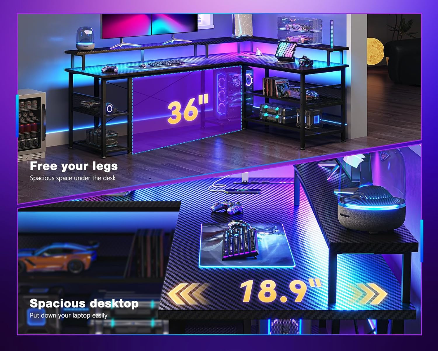 66" L Shaped Gaming Desk with Power Outlet and LED Lights, PC Gaming Table with Carbon Fiber Texture, Reversible L Shape Desk with Storage Shelves & Monitor Stand, Home Office Desk, Black