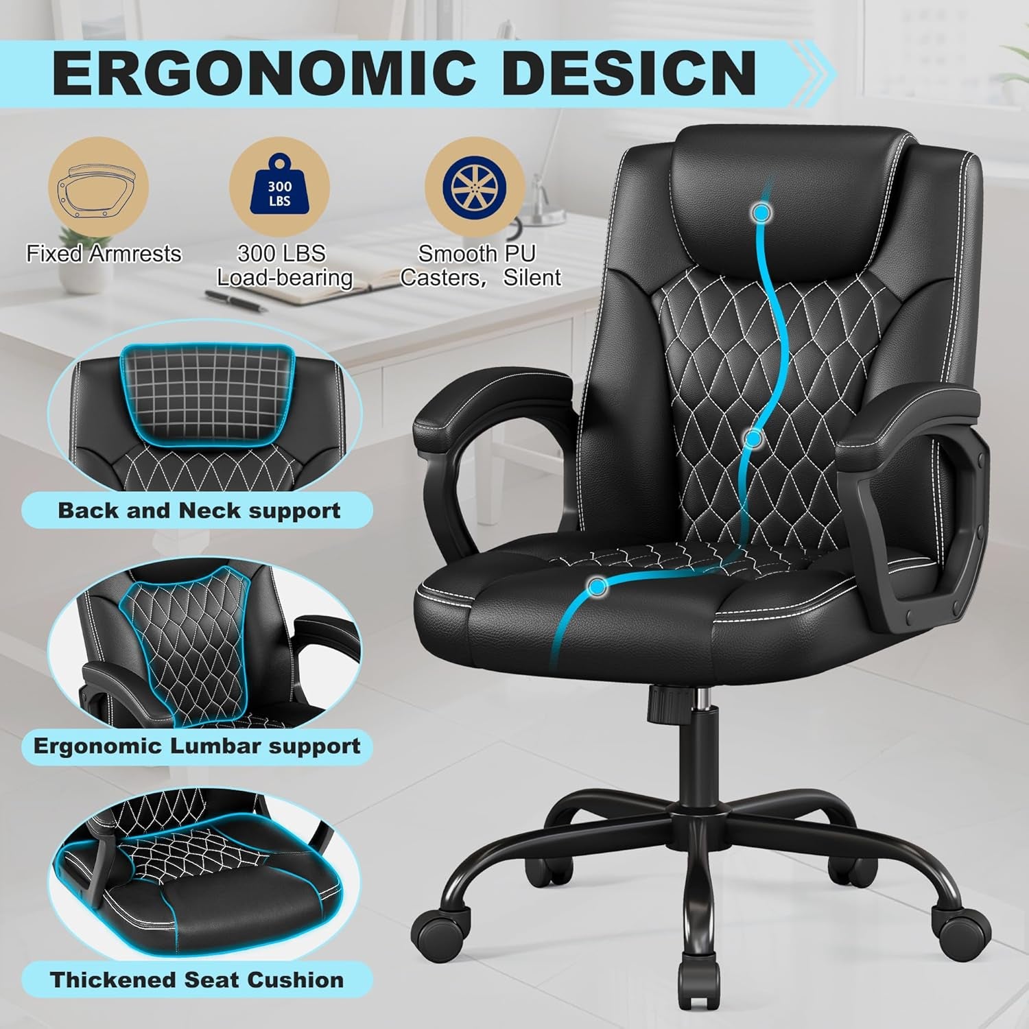 Office Chair, Executive Desk Chair, PU Leather Comfortable Executive Chairs with Fixed Armrest, Adjustable Height, Rocking Function, 360° Swivel Wheels, Black
