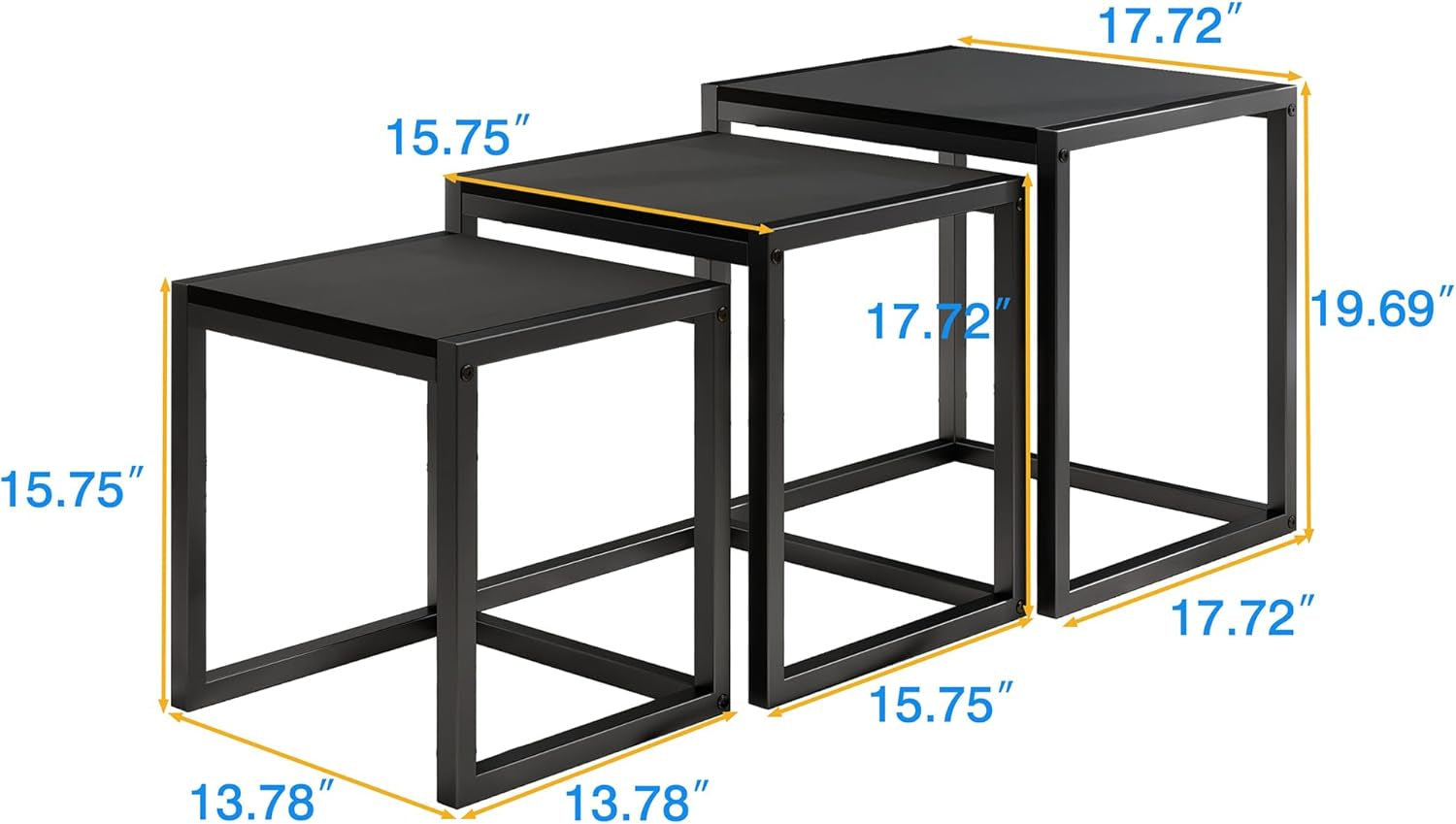 Nesting Table Set of 3 Side Tables, Modern Coffee Table Stacking End Table with Metal Frame，Black
